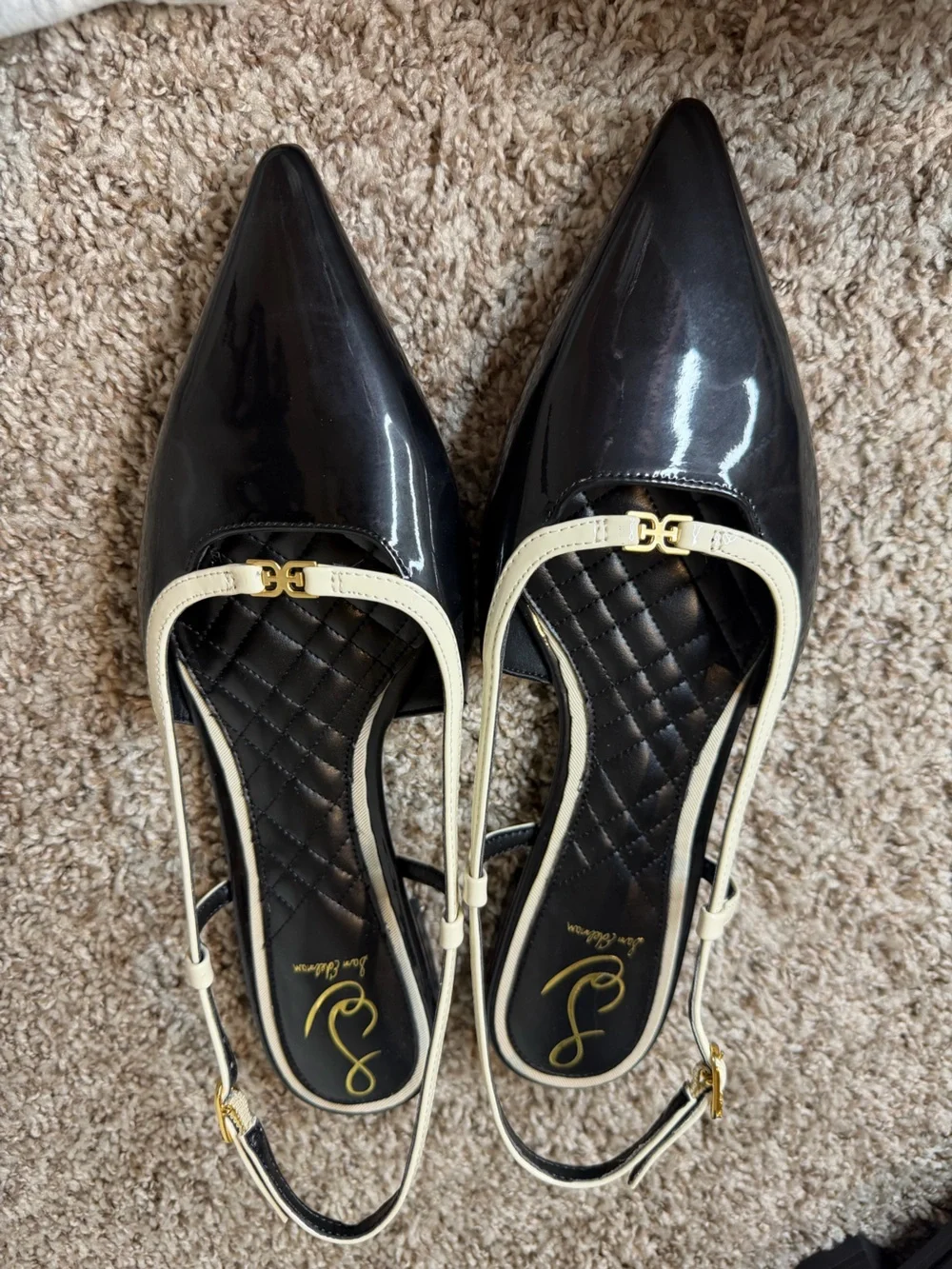 NWOT Sam Edelman Black Patent Slingback Flats with Cream Trim